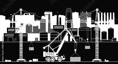 Industrial port city construction silhouette illustration, cranes loading containers, harbor infrastructure, factories, warehouses, logistics, urban skyline, black vector design scene