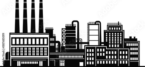 Industrial factory cityscape silhouette illustration, manufacturing buildings with smokestacks, pipelines, heavy industry infrastructure, black vector design, urban industrial skyline scene