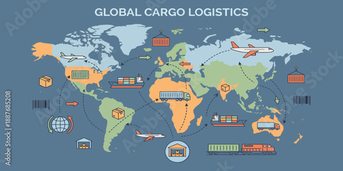 Global cargo logistics network illustration showing transportation modes and routes across the world map from a top-down viewpoint