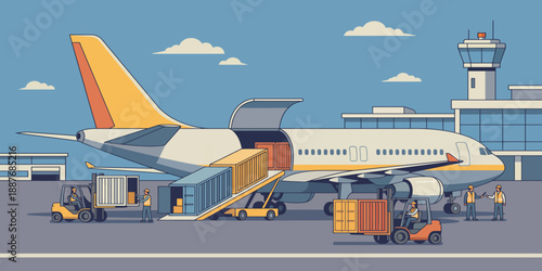 Airplane at airport terminal with cargo being loaded from vehicles onto the plane