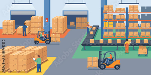 Warehouse workers operating forklifts and managing crates in a large industrial storage facility from an aerial viewpoint