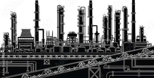 Industrial oil refinery conveyor system illustration, petroleum processing plant with distillation towers, pipelines, heavy machinery, black vector silhouette design infrastructure