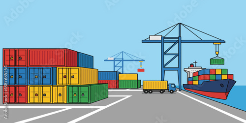 A cargo ship is being loaded at a bustling dock with cranes, trucks, and containers, illustrating a thriving industrial scene from a high vantage point.