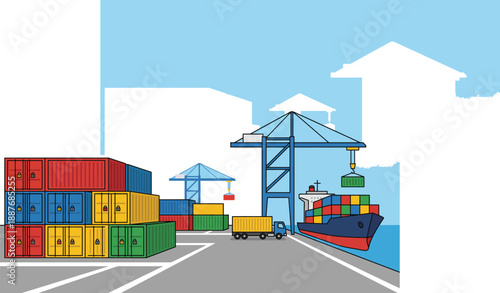 Cargo ship being loaded at a busy dock with containers and cranes in a commercial harbor scene