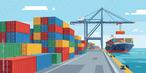 Cargo containers being loaded onto a large ship at a bustling dock with cranes and stacks of boxes