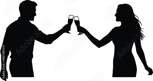 Couple silhouettes clinking champagne glasses together in celebration