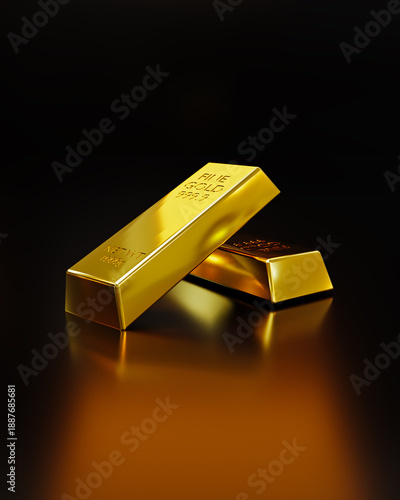 3D rendering. Two gold bar on black background, Business Gold World financial concept.