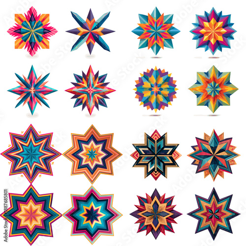 Bright geometric starburst mandala illustrations with bold symmetry and vibrant colors perfect for decorative patterns festive designs modern art and creative backgrounds