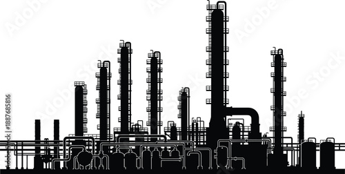 Industrial oil refinery silhouette with tall distillation columns pipelines and processing units, petrochemical plant infrastructure, black vector illustration isolated background