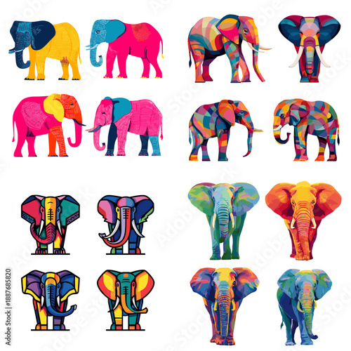 Colorful elephant illustrations in artistic patchwork style showing expressive wildlife designs ideal for logos posters education branding and creative graphic projects