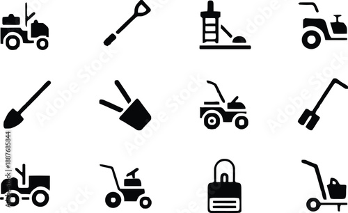 Collection of black and white construction and gardening tools icons on white background