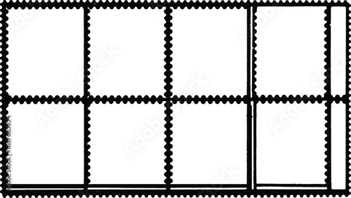 A sheet of six blank postage stamps with perforated edges and borders