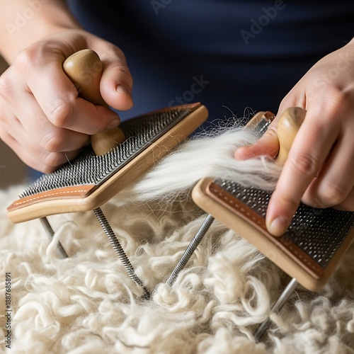 Handcrafting wool fibers with vintage carding tools in a cozy studio
