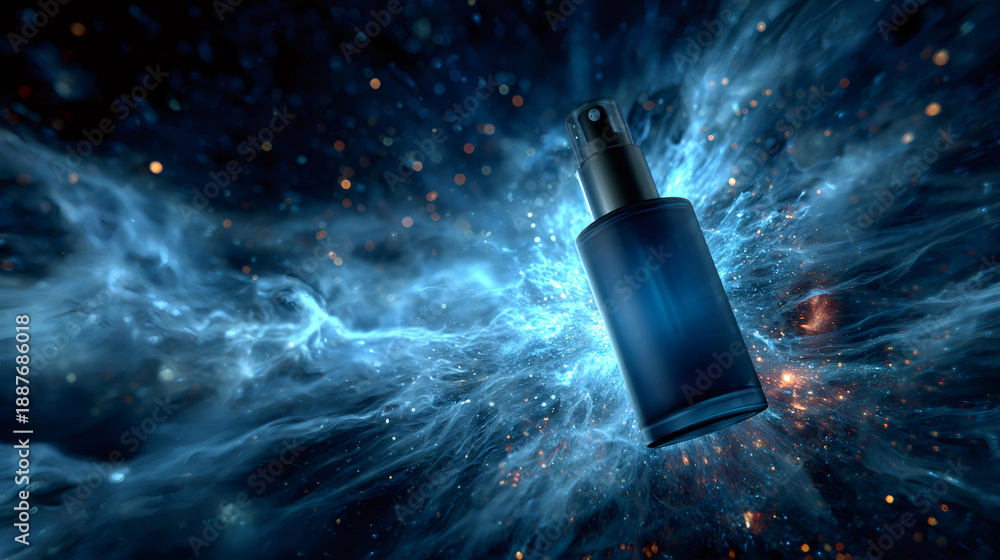 Fototapeta premium Cosmetic spray bottle floating in cosmic blue nebula