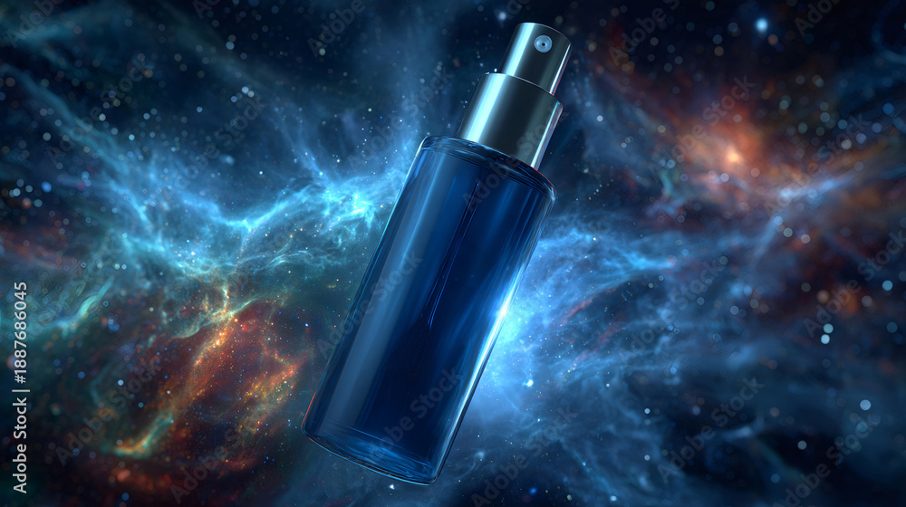 Fototapeta premium Perfume spray bottle blending with outer space nebula