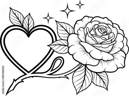 Vintage Style Line Art Illustration Featuring Heart With Rose Flower Petals And Leaves Plus Sparkling Stars For Romantic Tattoo Design Valentine Day Or Wedding Decoration