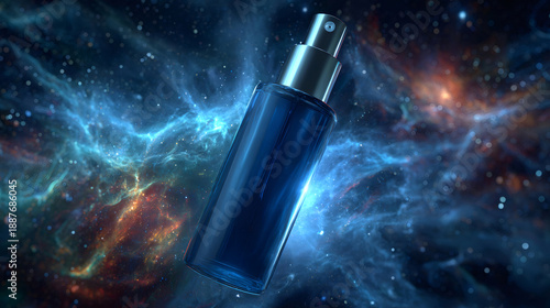 Perfume spray bottle blending with outer space nebula
