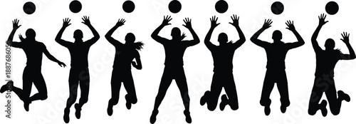 Black silhouette set of female volleyball players jumping and hitting the ball isolated on white background for sports competition team or athletic training design.