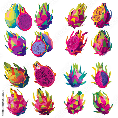 Bright dragon fruit illustrations in bold colorful artistic style showing whole and sliced tropical fruits ideal for food design packaging healthy lifestyle and creative visuals