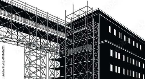 Industrial building under construction silhouette with steel scaffolding framework and elevated structure, modern engineering architecture concept, black vector illustration isolated background