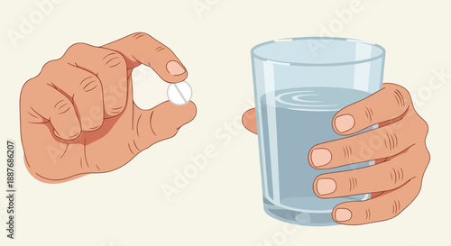 Taking Medication Hand Holding Pill and Glass of Water