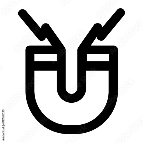 A simple black and white line drawing of a horseshoe magnet with magnetic field lines. This educational icon illustrates physics, magnetism, and attraction forces, suitable for science projects.