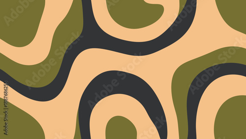 Abstract Camouflage Pattern with Organic Shapes in Green, Beige, and Dark Grey