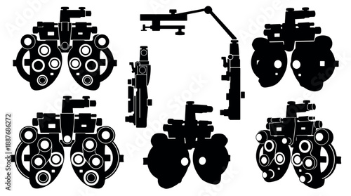 Set of Black Silhouettes of Ophthalmic Refractor Devices.