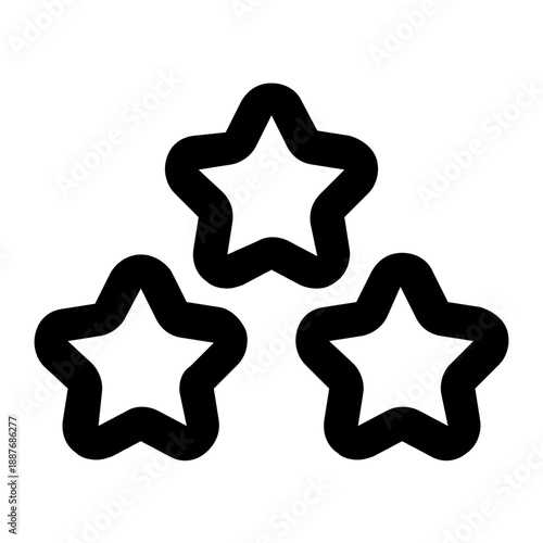 A minimalist graphic design featuring three black five-pointed stars arranged in a triangular pattern. The composition places one star centered above two stars positioned symmetrically below.