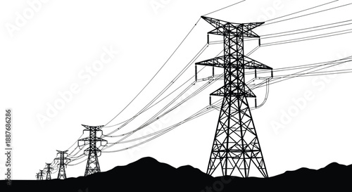 High voltage power transmission towers silhouette across landscape, electricity grid infrastructure lines, energy distribution concept, black vector illustration isolated background