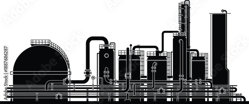 Industrial oil refinery silhouette with storage tanks distillation columns and complex pipeline system, petrochemical processing plant infrastructure, black vector illustration