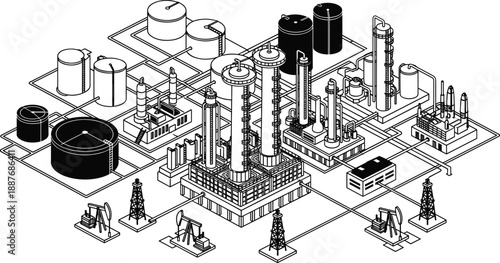 Isometric oil refinery complex with storage tanks distillation towers pipelines and pumpjacks, petrochemical processing infrastructure, black vector illustration isolated background