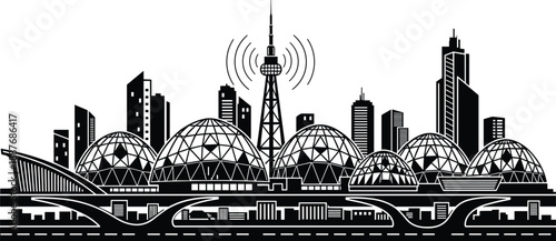 Futuristic smart city skyline with geodesic domes, communication tower signals, modern architecture infrastructure, black vector illustration isolated background design concept