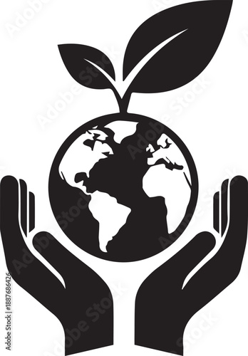 Hands holding earth globe with plant growing silhouette care vector illustration