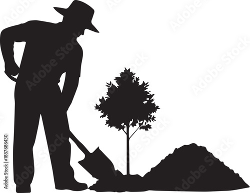 Gardener silhouette planting young tree vector illustration for environmental reforestation