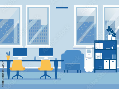 Modern office interior with desks chairs and a city view through windows