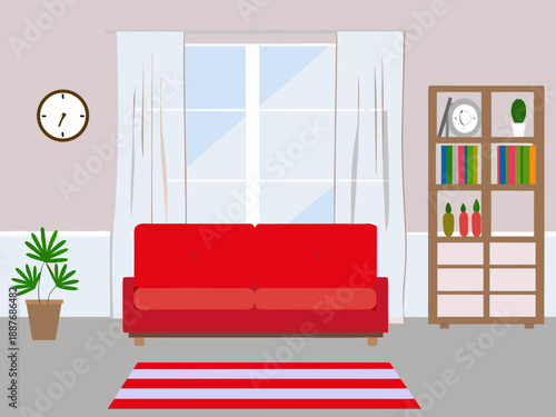 Simple room interior with red sofa window bookshelf and clock