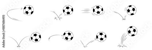 Soccer ball bounce motion line set. Hand drawn football movement with curved arcs and rebound effects. Doodle vector illustration for sport graphics and dynamic comic backgrounds.