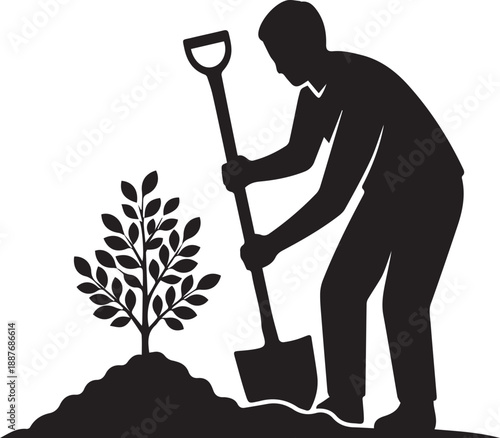 Man planting small tree sapling using a shovel in soil nature conservation and gardening vector silhouette illustration