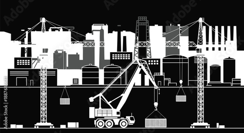 Industrial construction and factory skyline silhouette with cranes storage tanks and manufacturing infrastructure, heavy industry development concept black vector illustration