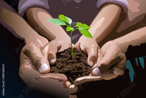 Hands cradling a young plant growing from rich dark soil