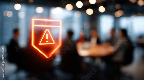 A group of professionals is engaged in a meeting, with an alert icon illuminated in the foreground, symbolizing caution and awareness.