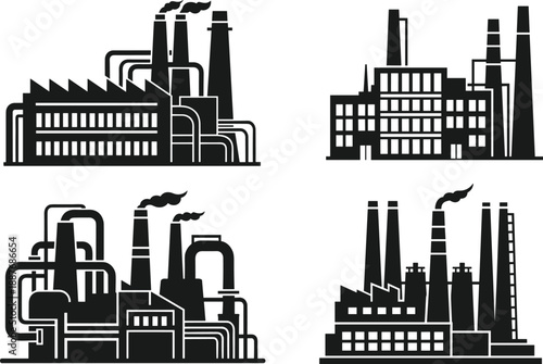 Industrial factory and power plant icons set with smokestacks pipelines and manufacturing buildings, heavy industry energy concept black vector illustration