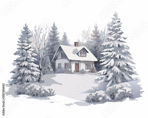 A cozy winter cottage nestled amongst snow covered trees and landscape