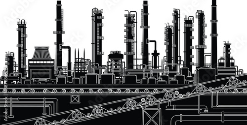 Industrial oil refinery silhouette with distillation columns conveyor system pipelines and storage tanks, petrochemical processing plant infrastructure black vector illustration