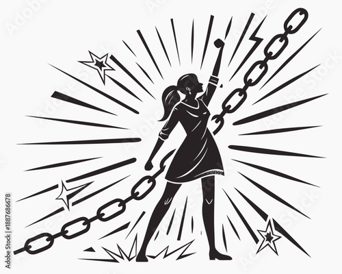 Strong Woman Breaking Chains Silhouette Vector, Freedom and Liberation Concept Illustration
