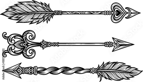 Set of Ornate Tribal Arrow Designs and Circular Wolf Pack Symbols with Intricate Geometric Nordic Patterns for Tattoo Art and Spirit Animal Vector Graphics