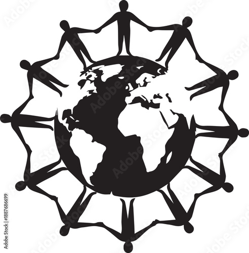 People holding hands around earth silhouette unity diversity vector illustration