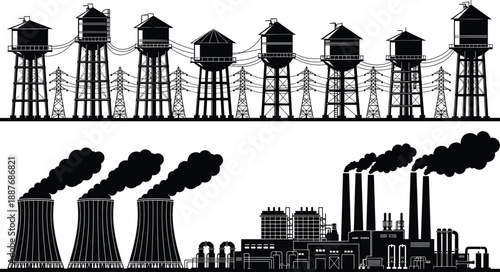Industrial power plant and water tower skyline silhouette with cooling towers, smokestacks and electricity infrastructure, energy production pollution concept vector illustration