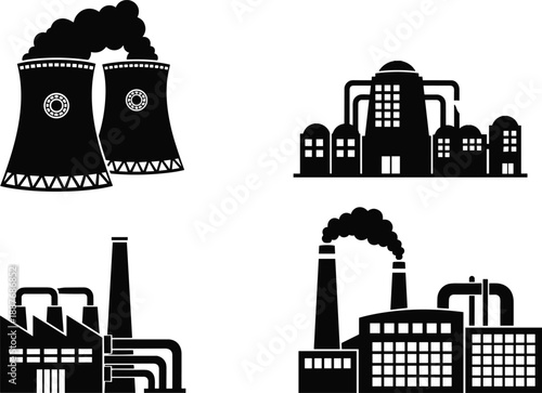 Industrial power plant and factory icons set with smokestacks cooling towers energy production pollution concepts black vector illustration isolated